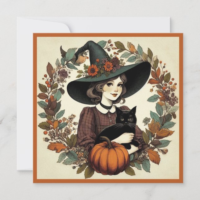 Retro Halloween Witch med Black Cat och Pumpkin Kort (Framsida)