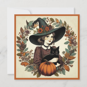 Retro Halloween Witch med Black Cat och Pumpkin Kort