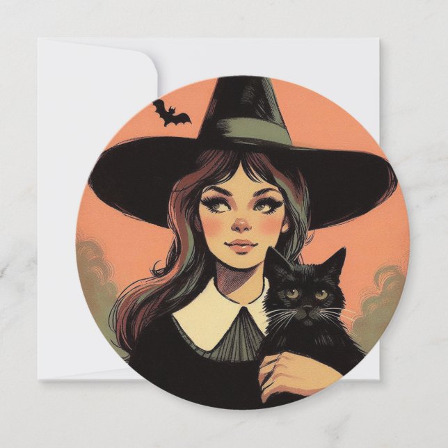 Retro Halloween Witch med svart katt Kort (Framsida)