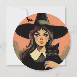 Retro Halloween Witch med svart katt Kort
