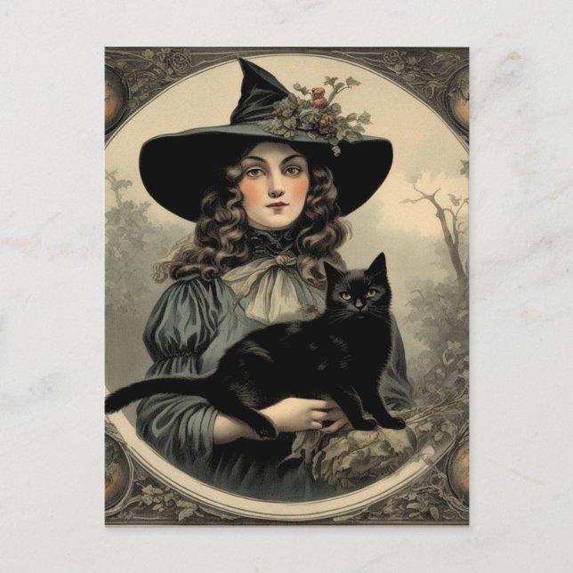 Retro Halloween Witch och Black Cat Vykort (Framsida)