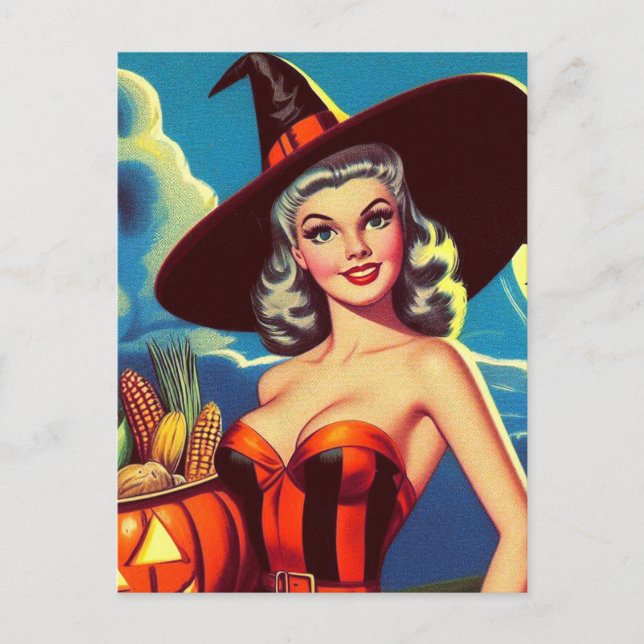 Retro halloween Witch Pin-up Vykort (Framsida)