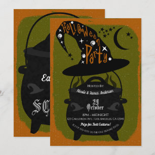 Retro Halloweenfest Grön Vintage Häxgryta Inbjudningar