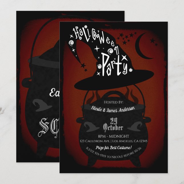 Retro Halloweenfest Röd Vintage Häxkittel Inbjudningar (Fram/baksida)