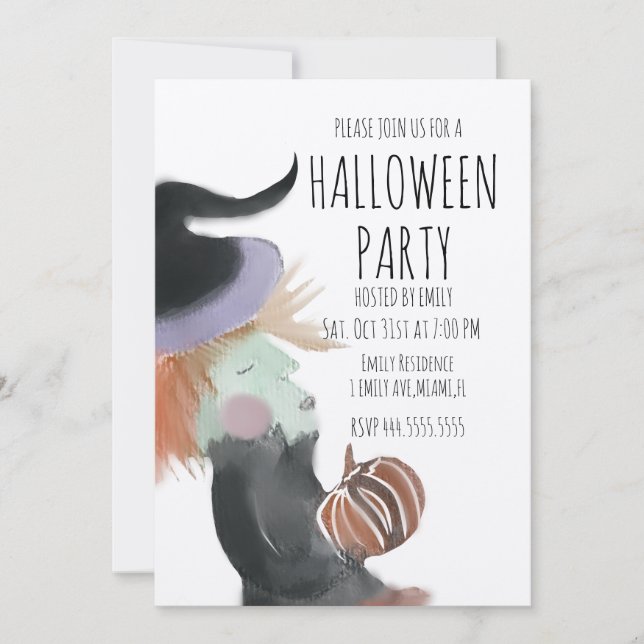 Retro Halloweenfest Watercolor Häxa Pumpa   Inbjudningar (Framsida)