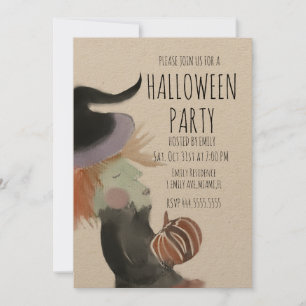 Retro Halloweenfest Watercolor Häxa Pumpa Inbjudningar