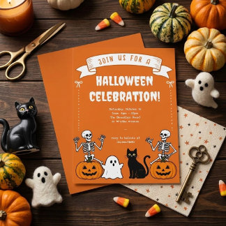 Retro Halloweenfirande banderoll skelett Inbjudningar