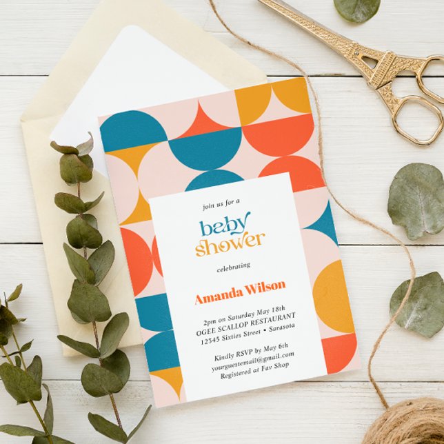 Retro Halvcirkelslingor Mid Century Baby Shower Inbjudningar (Retro Vintage Baby Shower)