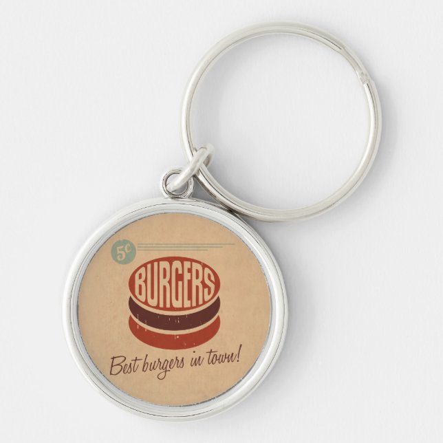 Retro hamburgare rund silverfärgad nyckelring (Framsidan)