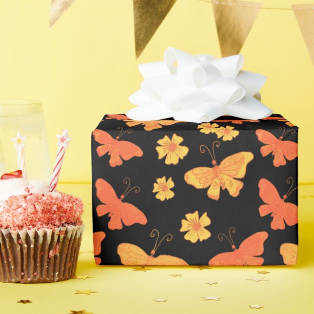 Retro Hand-Drawn Butterfly Mönster Orange och Guld Presentpapper (Födelsedagsfest)