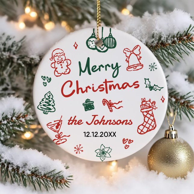Retro Hand Drawn Friendsmas Christmas Party Photo Julgransprydnad Keramik (Skapare uppladdad)