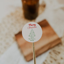 Retro Hand Drawn Green Red Christmas Tree Vintage