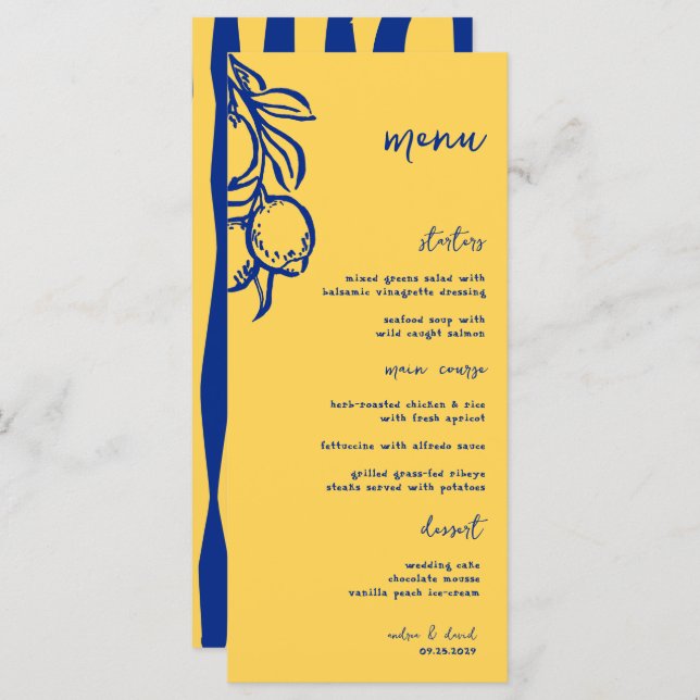 Retro Hand Drawn Handwritten Blue Italian Wedding Meny (Fram/baksida)