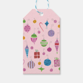 Retro Hand-Drawn jul Ornament Pastel Rosa Presentetikett