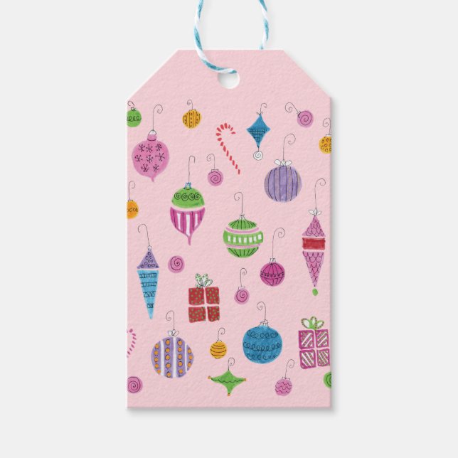 Retro Hand-Drawn jul Ornament Pastel Rosa Presentetikett (Framsidan)