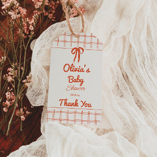 Retro Hand Drawn Neutral Bow Gingham Baby Shower Presentetikett