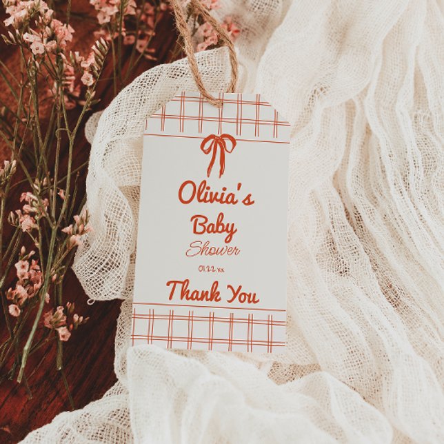 Retro Hand Drawn Neutral Bow Gingham Baby Shower Presentetikett (Skapare uppladdad)
