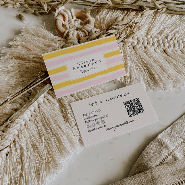 Retro Hand Drawn Pink Yellow Stripes QR Code Boho Visitkort (Skapare uppladdad)