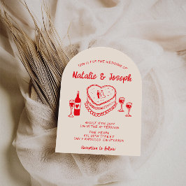 Retro Hand Drawn Red Cake Modern Arched Wedding Inbjudningar