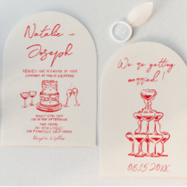 Retro Hand Drawn Red Cake Unique Arched  Wedding Inbjudningar