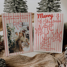 Retro Hand Drawn Red Funny Christmas Trees Bow Julkort