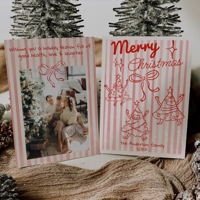 Retro Hand Drawn Red Funny Christmas Trees Bow Julkort (Skapare uppladdad)