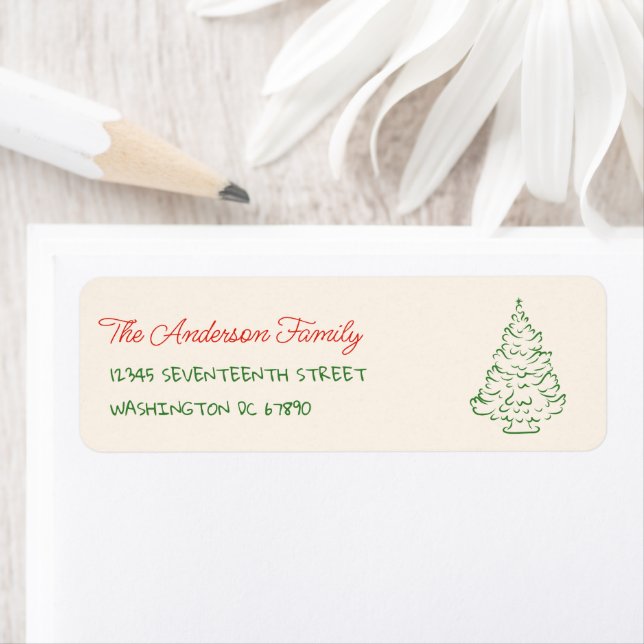 Retro Hand Drawn Red Green Christmas Tree Adress Returadress Etikett (Insitu)