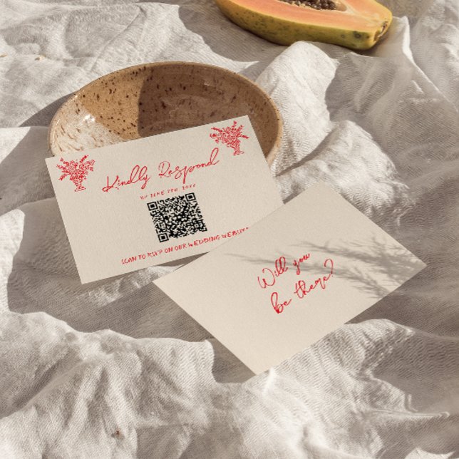 Retro Hand Drawn Red Unique QR Code Wedding RSVP OSA Kort (Skapare uppladdad)