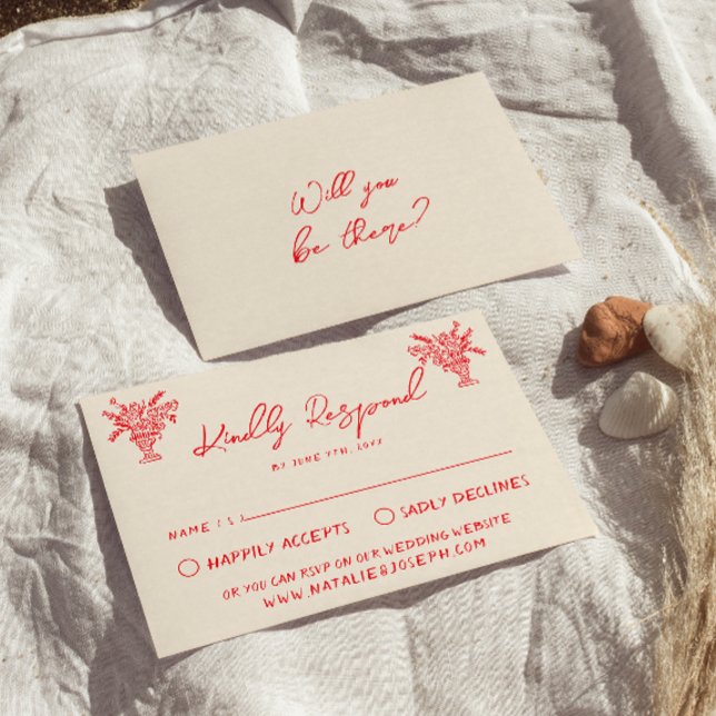 Retro Hand Drawn Red Unique Quirky Wedding RSVP OSA Kort (Skapare uppladdad)