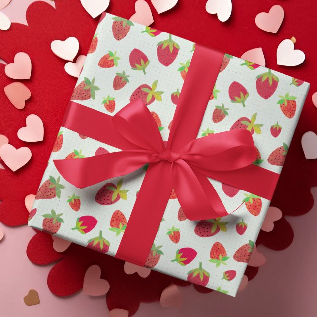 Retro Hand-Illustrated Chic Mint Grönt Strawberry Presentpapper (Our retro dotted, hand-illustrated strawberry gift wrap is perfect for Valentine's Day or any time!)