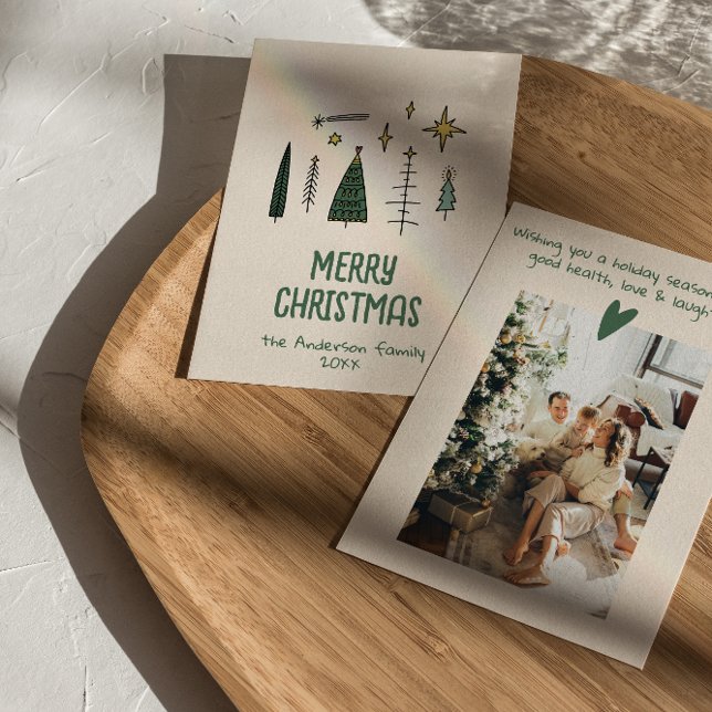 Retro Hand-målad ritad Grönt Julgranar Julkort (Skapare uppladdad)