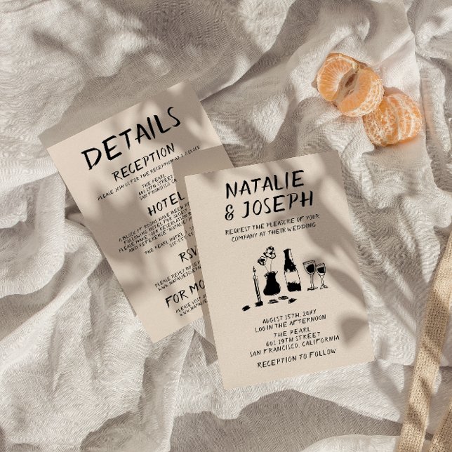 Retro Hand plockade alla i en enda champagne Bröll Inbjudningar (Skapare uppladdad)