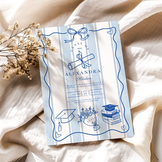 Retro Hand plockade Blue Studenten Inbjudningar (Skapare uppladdad)