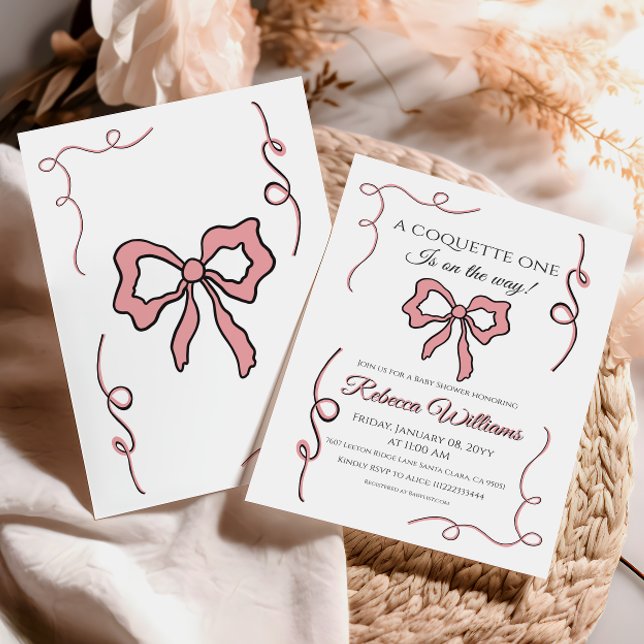 Retro Hand plockade Coquette Rosa Bow Baby Shower Inbjudningar (Skapare uppladdad)