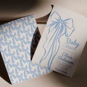 Retro Hand plockade Dusty Blue Bow Boy Shower Inbjudningar