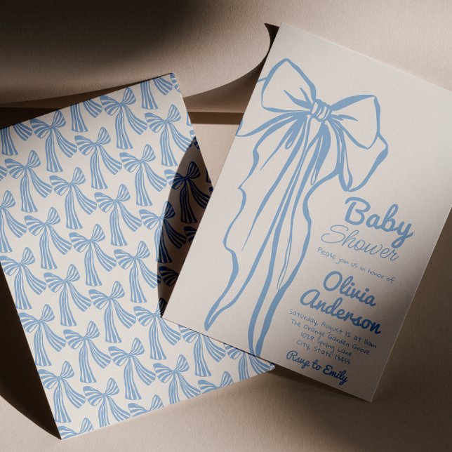Retro Hand plockade Dusty Blue Bow Boy Shower Inbjudningar (Skapare uppladdad)
