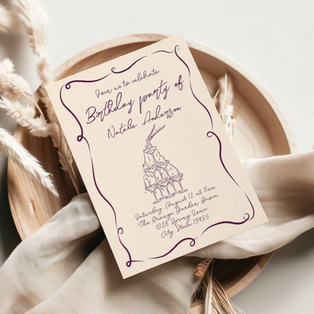 Retro Hand plockade Lila Vågigt 70-talets Födelsed Inbjudningar (Skapare uppladdad)