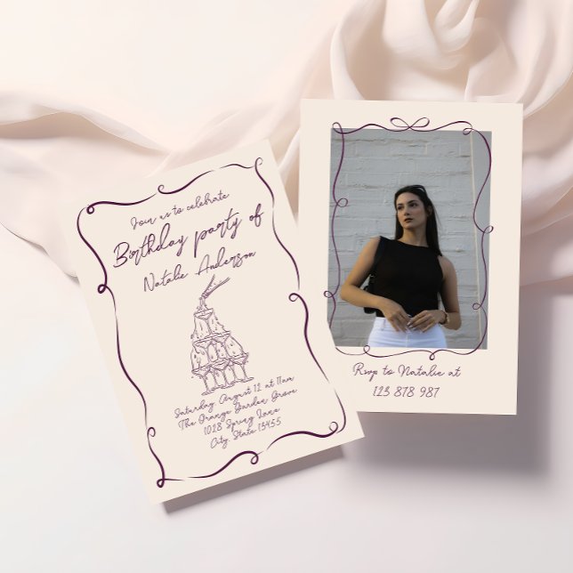 Retro Hand plockade Lila Vågigt Photo Födelsedagsf Inbjudningar (Skapare uppladdad)