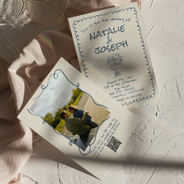 Retro Hand plockade marin blå QR-kod Foto Bröllop Inbjudningar