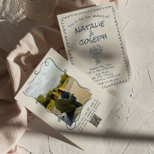 Retro Hand plockade marin blå QR-kod Foto Bröllop Inbjudningar