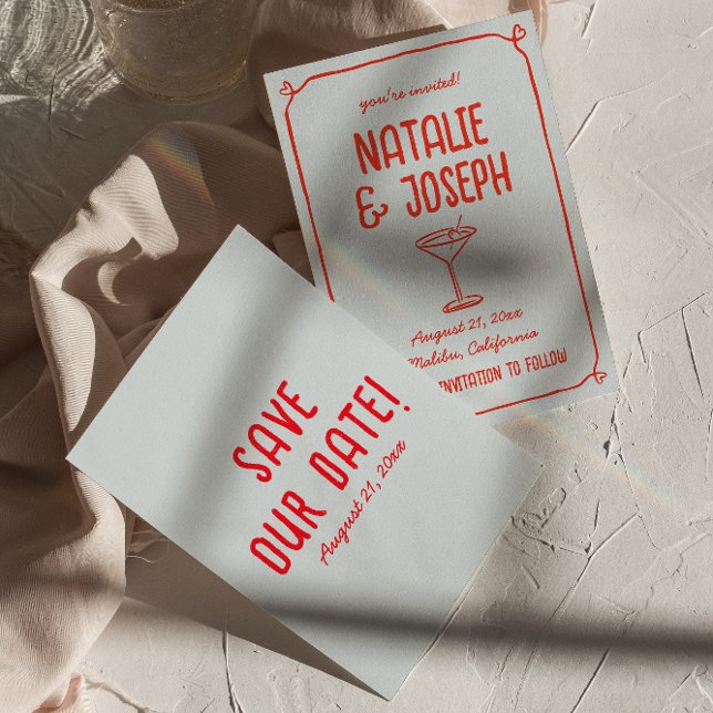 Retro Hand plockade Red Blue Cocktail Funky Bröllo Spara Datumet (Skapare uppladdad)