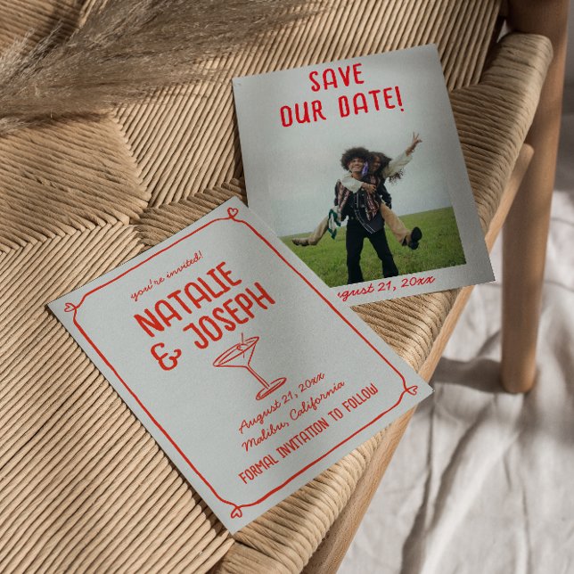 Retro Hand plockade Red Blue Cocktail Photo Bröllo Spara Datumet (Skapare uppladdad)