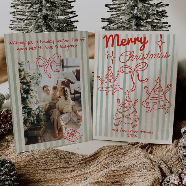 Retro Hand plockade Red & Grönt Funny Julgranar Julkort (Skapare uppladdad)