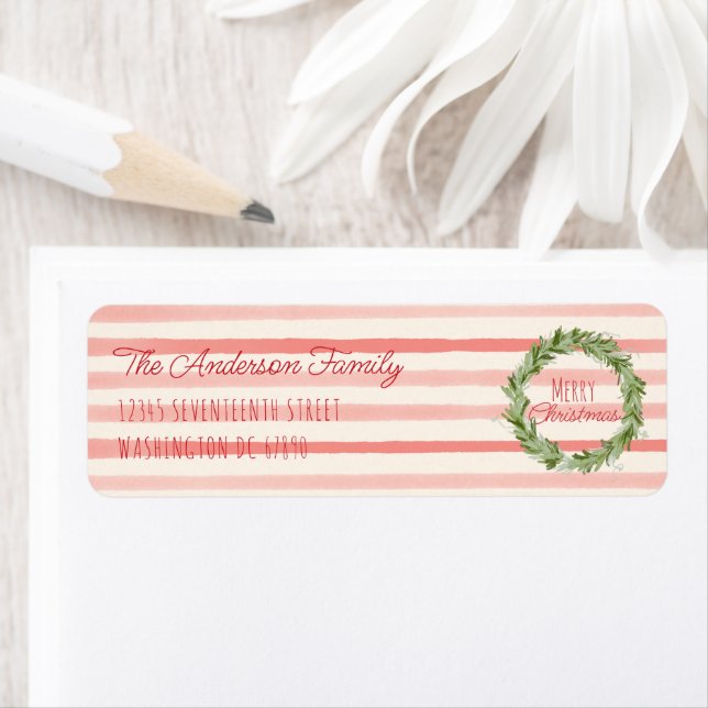 Retro Hand plockade Red Grönt God jul Utandning Returadress Etikett (Insitu)