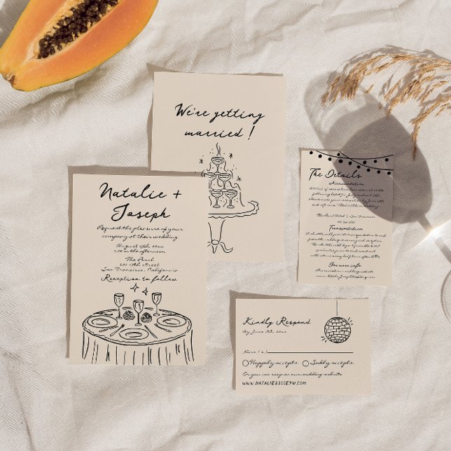 Retro Hand plockade Roligt Quirky Bold Bröllop Inbjudningar (Skapare uppladdad)