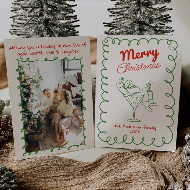 Retro Hand plockade Roligt Santa Champagne jul Julkort (Skapare uppladdad)