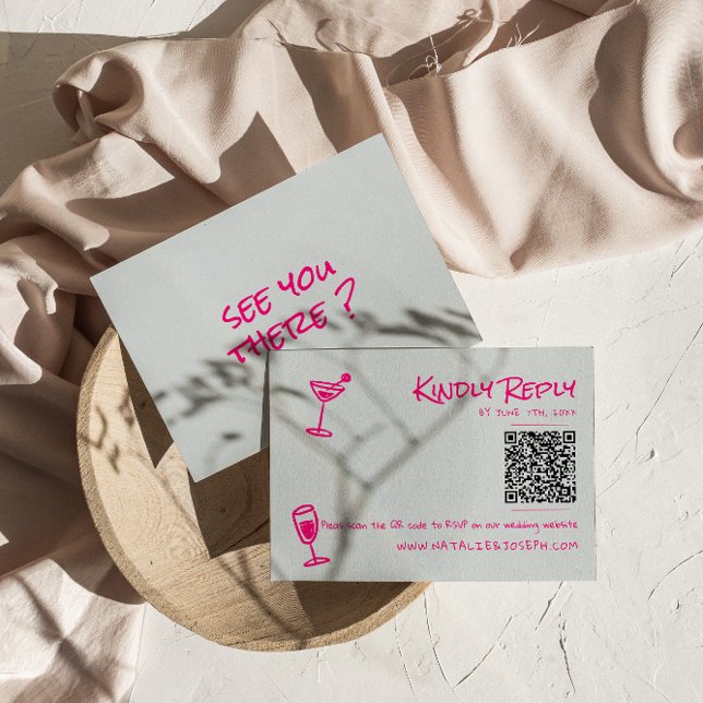 Retro Hand plockade Rosa Funky QR-koden Bröllop OSA Kort (Skapare uppladdad)