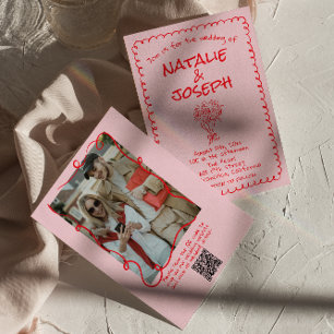 Retro Hand plockade Rosa Red Photo QR-kod Bröllop Inbjudningar