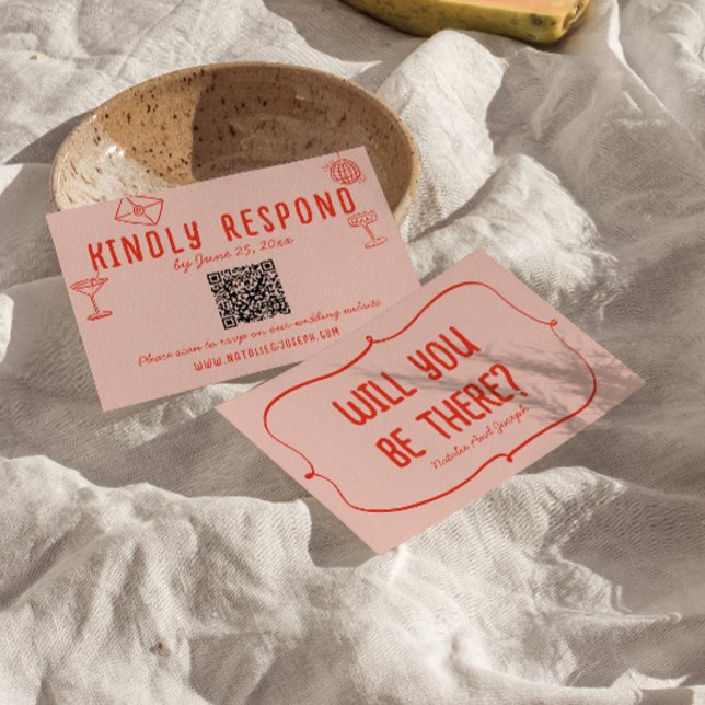 Retro Hand plockade Rosa Red Unique QR Code Bröllo OSA Kort (Skapare uppladdad)