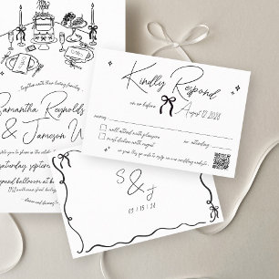 Retro Hand plockade Scribble Black & White Bröllop OSA Kort